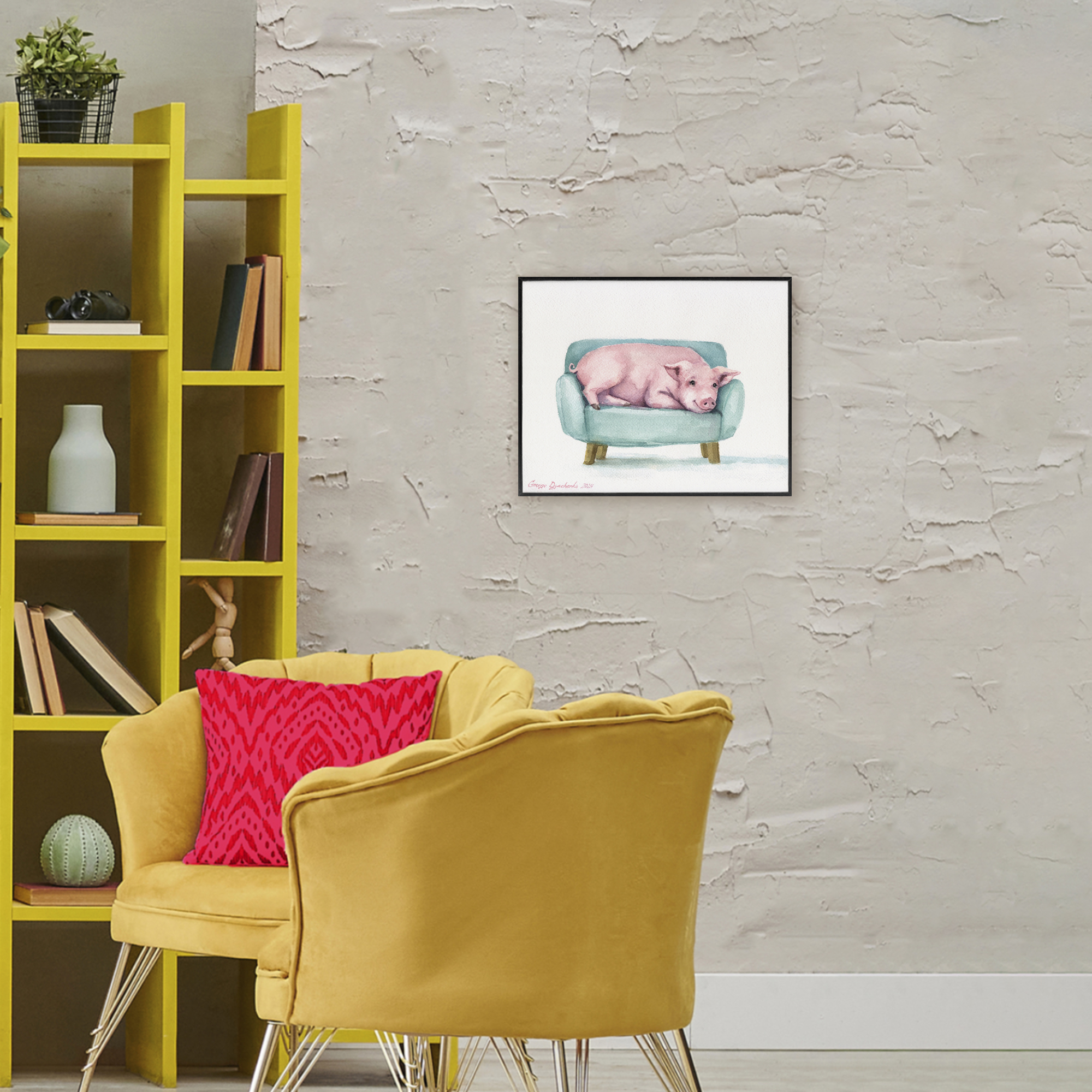 Stupell Industries Cute Piglet on Armchair Black Framed Giclee Art, design by George Dyachenko