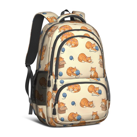 Orange Cat and Box Beige Pattern Cute School Backpack Bag with Padded Back and Adjustable Shoulder Straps 16.9 X 12.6 X 5.9 Inches