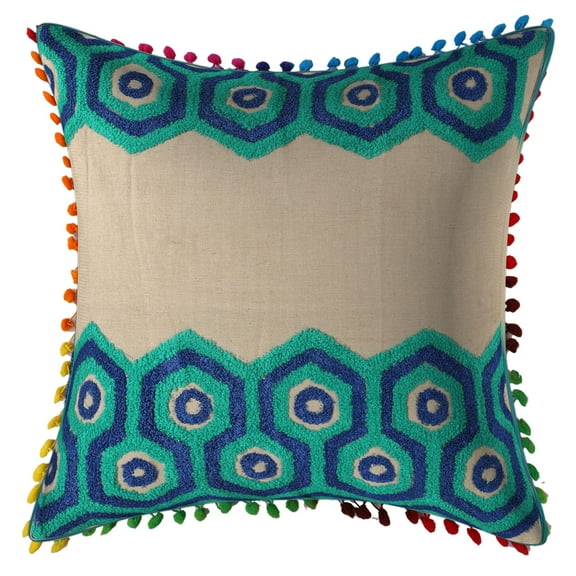 Stylo Culture Indian Sofa Throw Pillow Cover 16 x 16 Towel Embroidered Bright Green Dark Blue Zippered 40 x 40 cm Pom Pom Lace Cotton Geometric Square Cushion Cover | 1 Pc