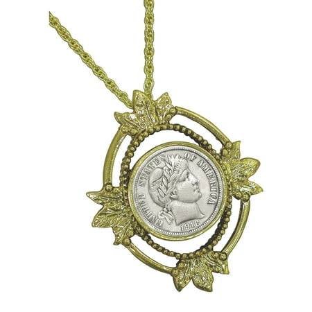 - Goldtone Open Oval Leaf Silver Barber Dime Coin Pendant Coin Jewelry