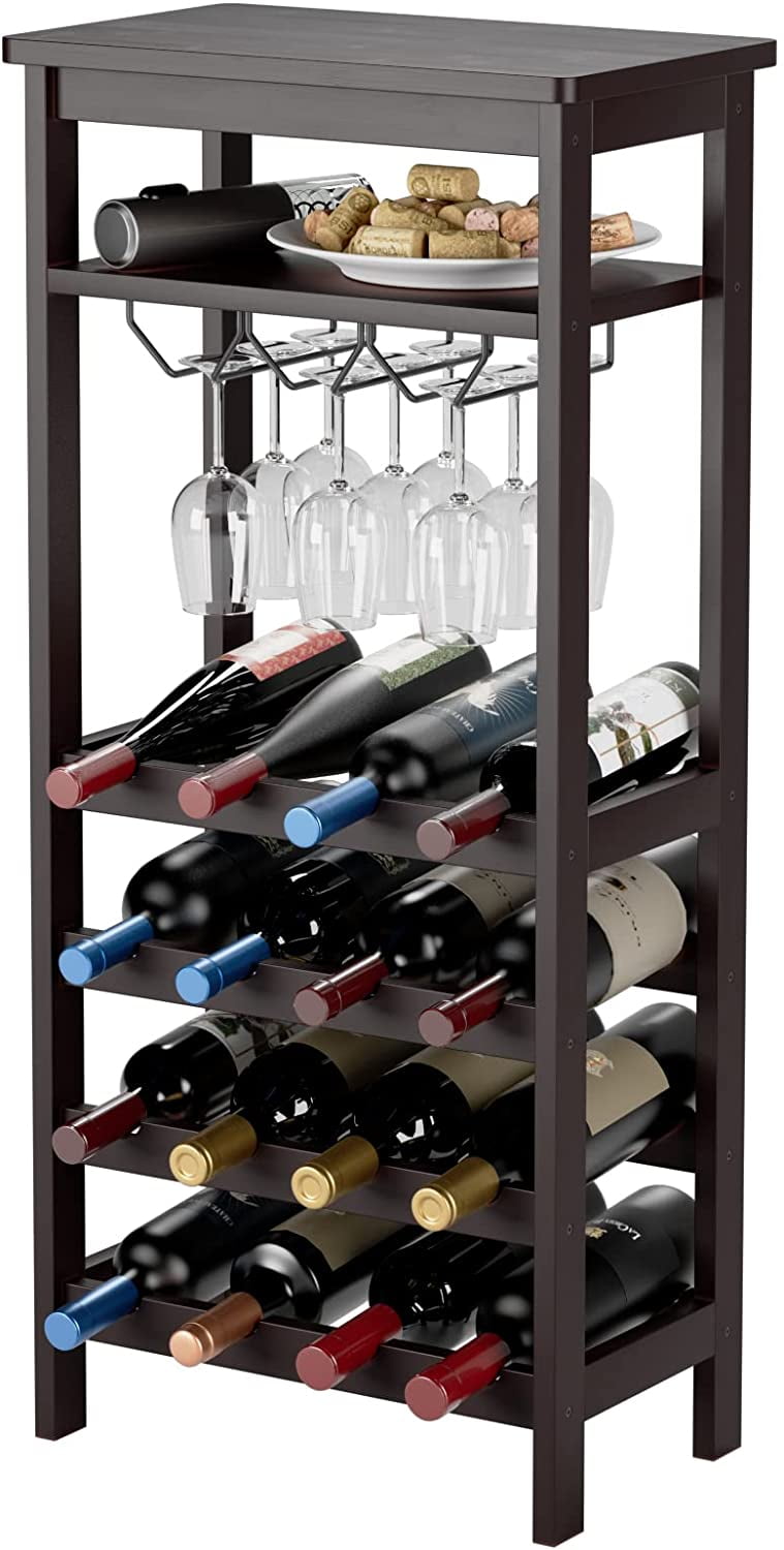 Riipoo 16 Bottles Wine Rack 4 Tier Nature Bamboo Wine Display Rack Free Standing and Countertop Wine Storage Shelf 16-Bottle 