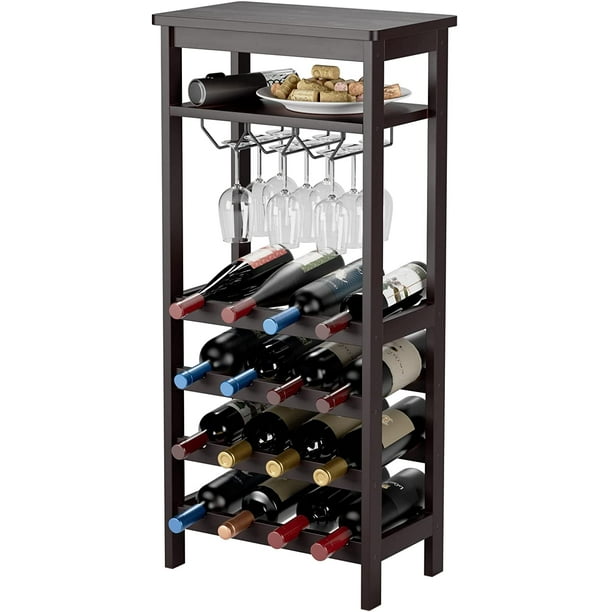 Bamboo Wine Rack, Free Standing Wine Display Shelves with Glass Holder ...