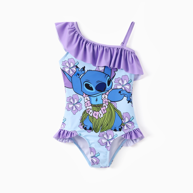 Disney Stitch Toddler/Kid Girl 1pc Floral/Colorful Striped Print Off-shoulder RuffledUPF 50+ Swimsuit
