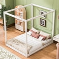 thumbnail image 3 of Euroco Wood Queen Size Canopy Platform Bed with Support Frame for Bedroom, White, 3 of 9