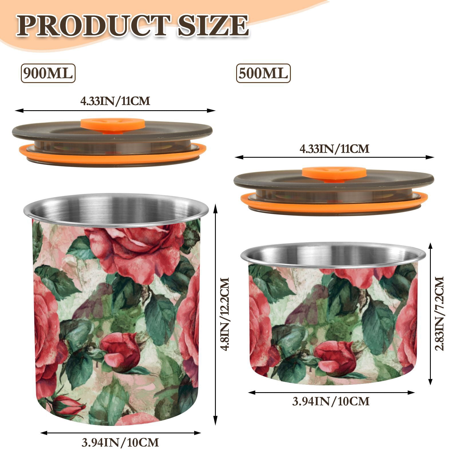Red Rose Flowers Painting Airtight Coffee Bean Canister 30oz Food Storage Containers with Lids For Gournd, Tea, Sugar, Flour, Rice, Cereal, Candy Cookie Jar