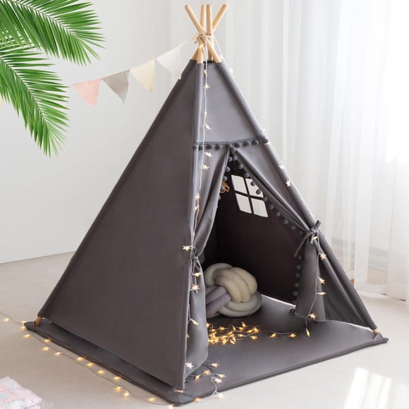 RONGFA Tipi pour Enfants avec Tapis, Lumières Étoilées, Étui de Transport, Maisonnette en Toile de Coton, Tentes Pliables, Tente de Jeu Portable pour Enfants Intérieur Extérieur (Gr