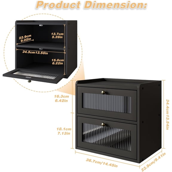 Double Layer Large Bread Box for Kitchen Counter, Wooden Corner Bread Storage Container with Acrylic Window, Black