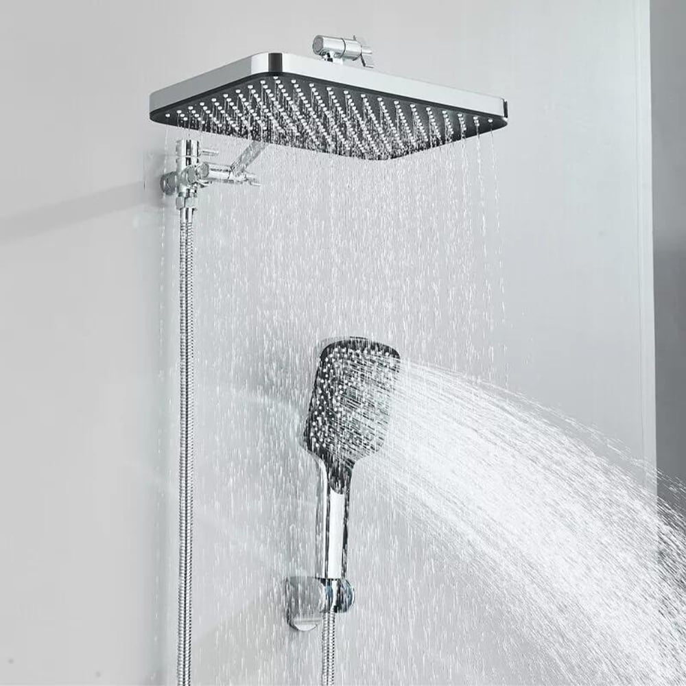 13-Inch Chrome Rainfall Shower Head with 4-Mode Handheld Spray & Adjustable Arm
