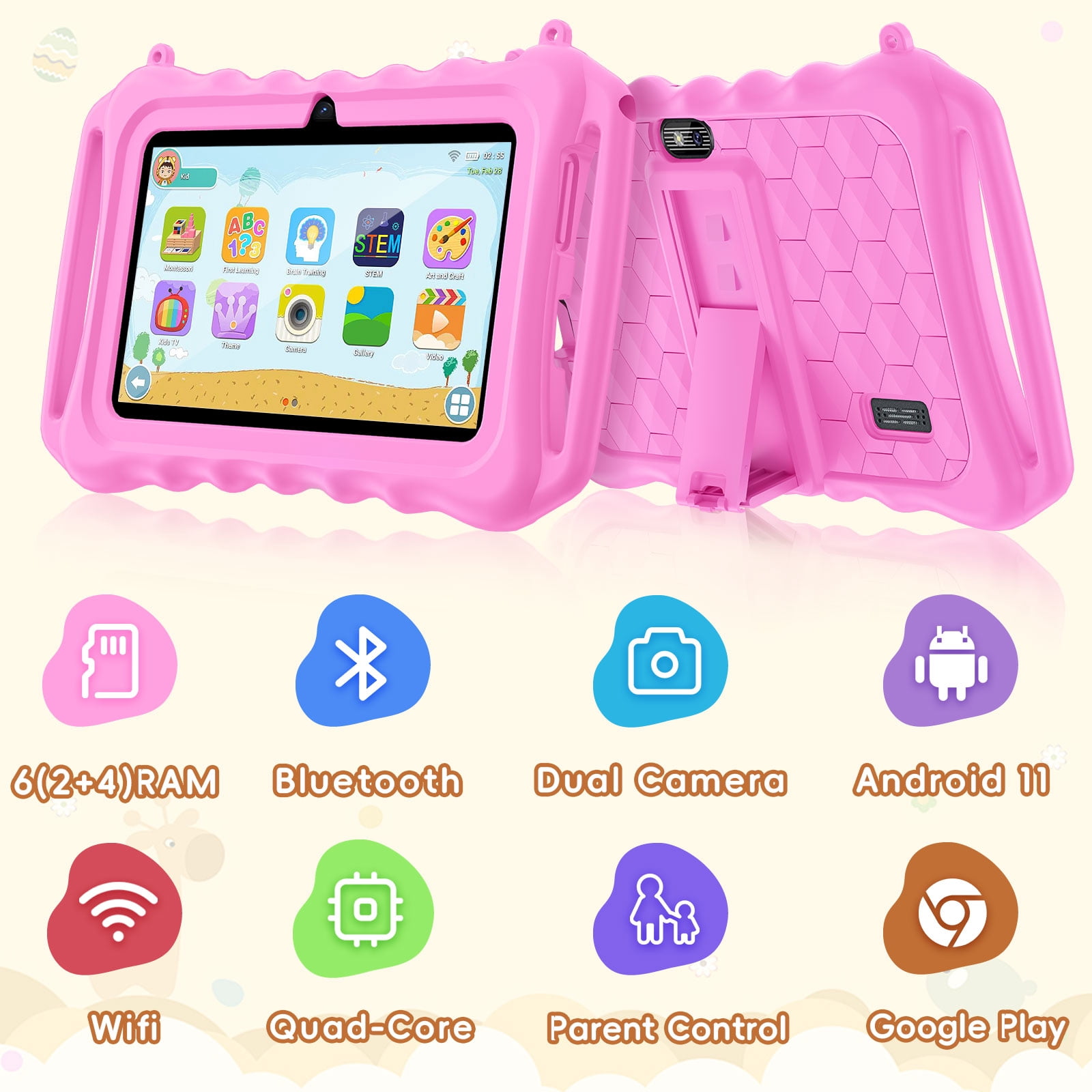 Kids Tablet, 7 inch Android 11 Tablet for Kids, 6(2+4) GB RAM 32GB ROM, Toddler Tablet with Bluetooth, GPS,WiFi,Parental Control, Dual Camera,Shockproof Case,Kids App Pre-Installed