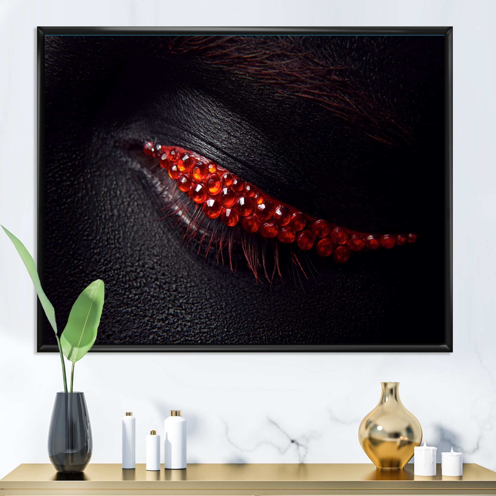 Designart 'Beautiful Black Skin Female Eye With Red Diamonds' Modern Framed Canvas Wall Art Print