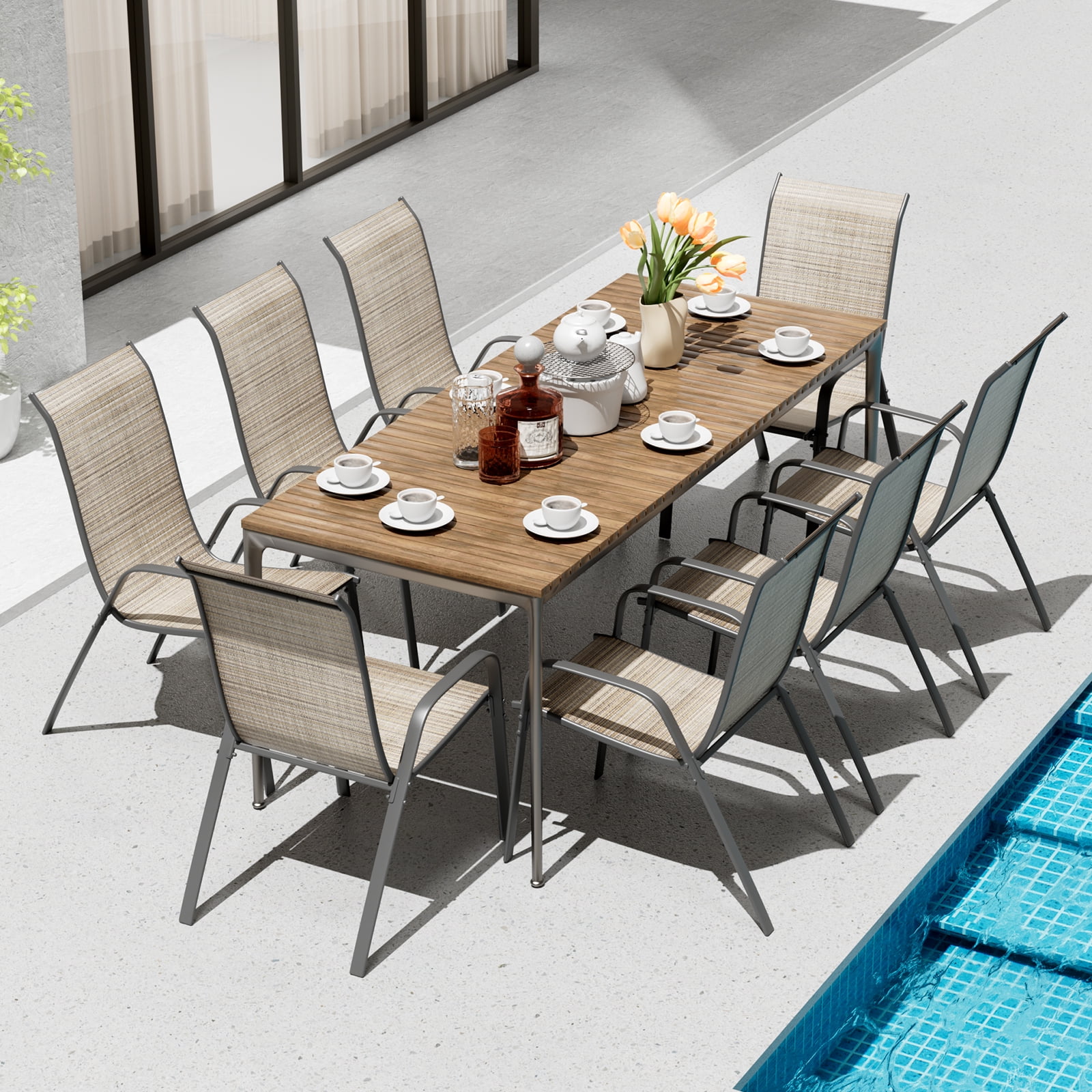 Arlopu 6pcs Patio Dining Chairs for All Weather, Outdoor Stackable Armrest Chair Set for Garden Poolside, Brown