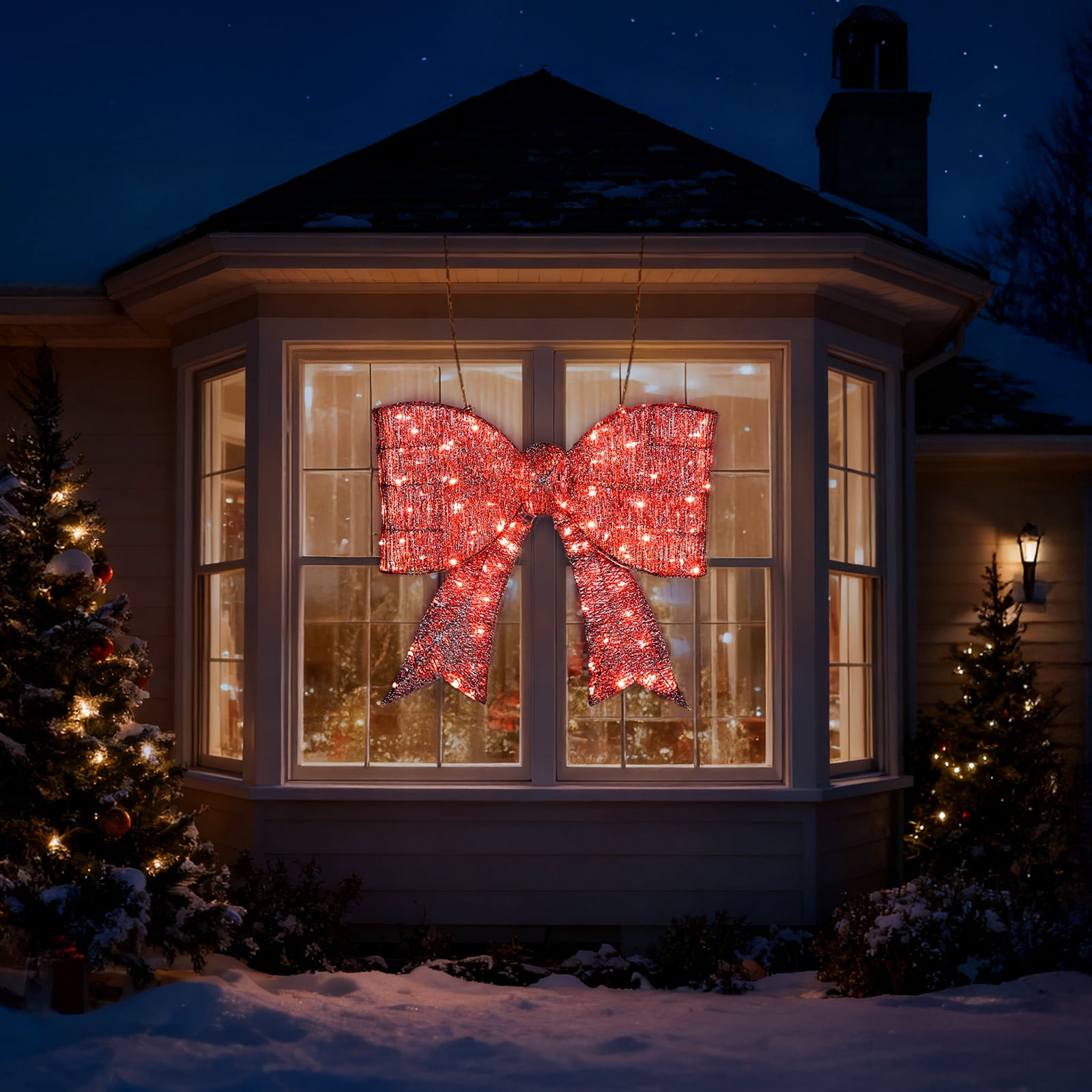 Pre-Lit Outdoor Giant Bowknot Christmas Decoration, Lighted Metal Frame with 124 Warm White LED Lights, for Front Door Gate Wall Indoor Outdoor Holiday Party