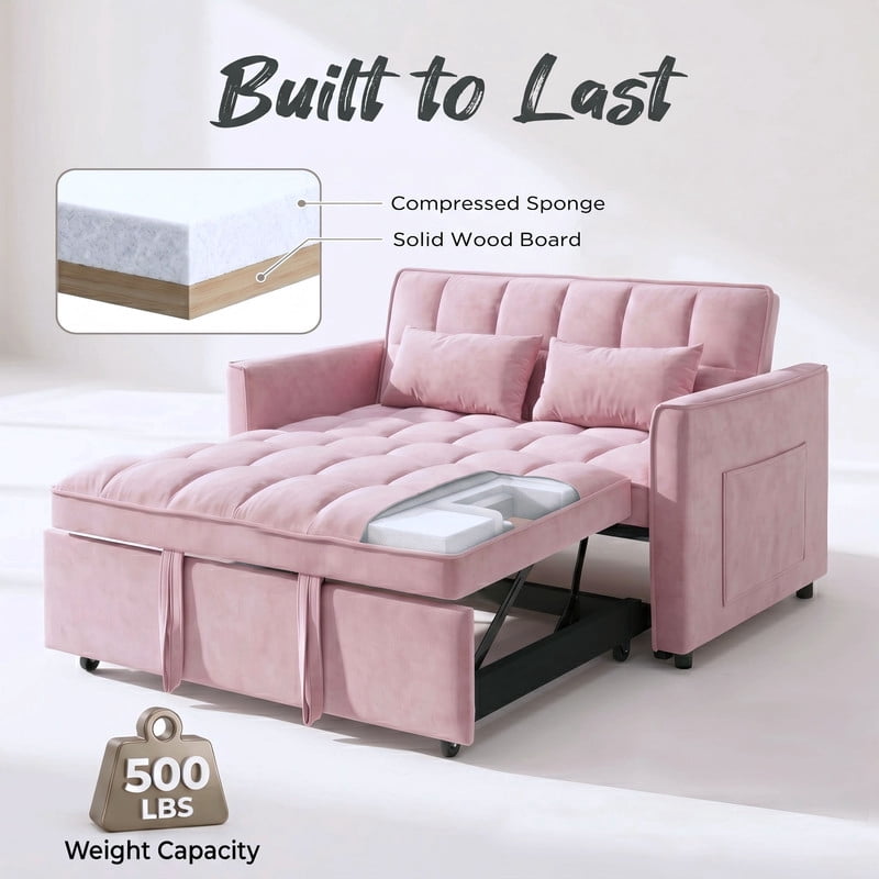 Gewnee 55" Sofa Bed, Convertible Sleeper Sofa & Pull Out Couch, 3-in-1 Velvet Loveseat with Adjustable Backrest and Storage Pocket, Pink