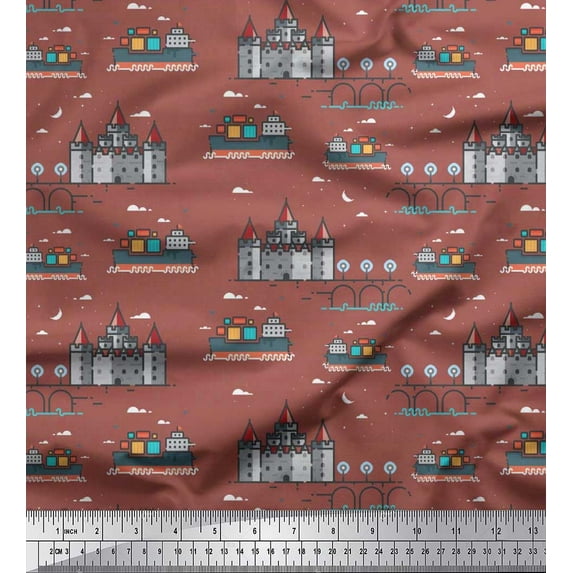 Soimoi Satin Silk Fabric Ship,Castel & Bridge Architectural Print Fabric by the Yard 42 Inch Wide