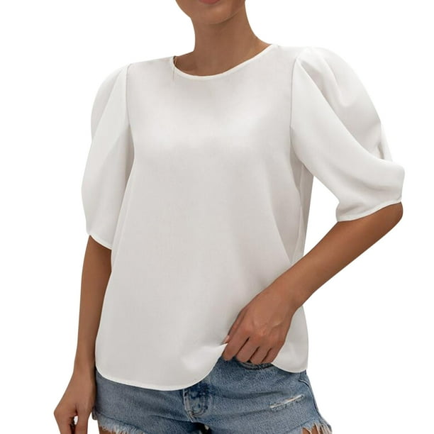 Womens Shirt Button up Dress Shirts Women Ladies Summer Casual Chiffon Solid Color Pleated Puff Sleeve Crew Neck Top Adult Female Clothes White Size L