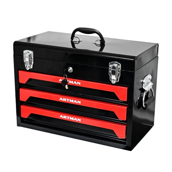 Noble House 20" Portable Steel Tool Box Cabinet, 3-Drawer Powder-Coated Storage Organizer with Metal Latch, Black & Red