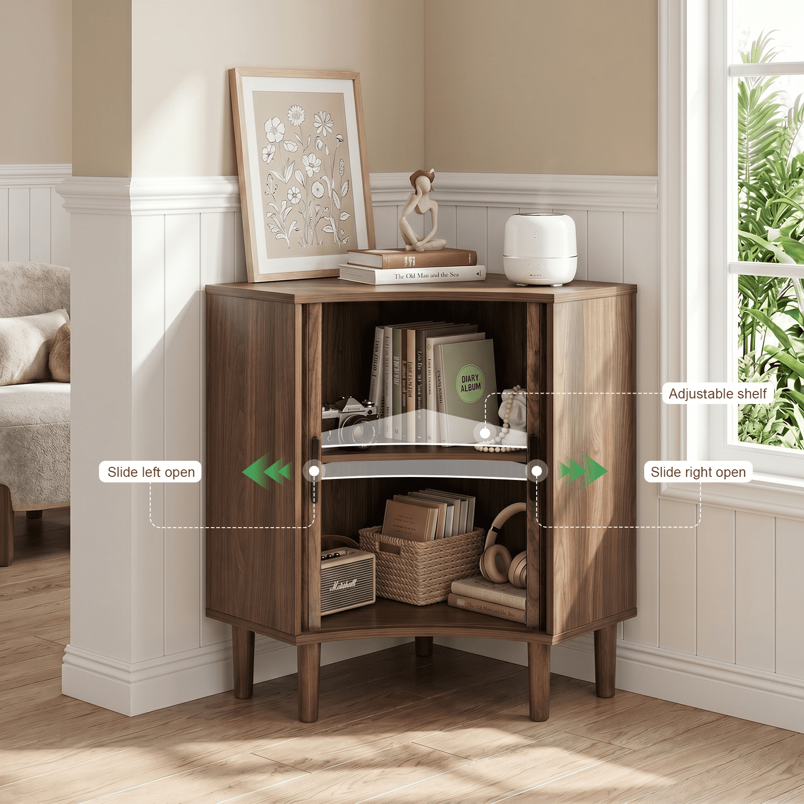 Walnut Fluted Corner Storage Cabinet with Sliding Doors & Adjustable Shelves, Modern Freestanding Narrow Floor Cabinet for Bathroom Living Room Dining Room Small Spaces