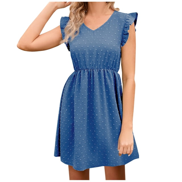 Robes d'Été pour Femmes Tendance Col en V Pois Suisses Volants Sans Manches Robe Décontractée Ligne A Swing Plage Mini Robe