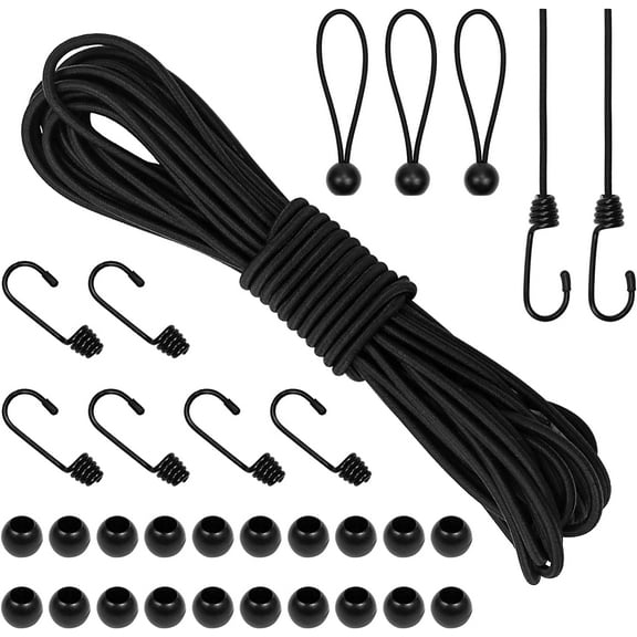 32Ft Bungee Shock Cord with 6 Hooks, 5/32" (4mm) Nylon Bungee Cord Roll Elastic Bungee Shock Cord Heavy Duty Kayak Bungee Cord with Balls for Camping Canoe Bike Indoor Outdoor