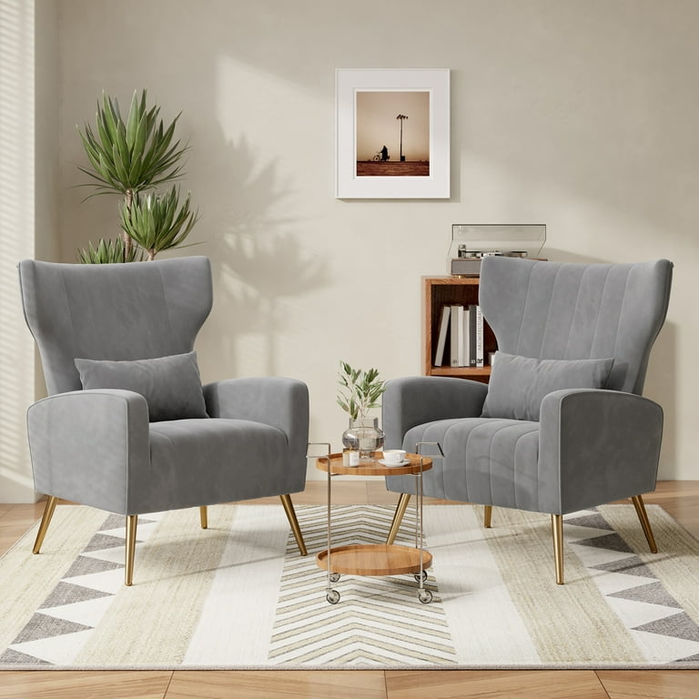 Hawsaiy Velvet Wingback Accent Chair with Golden Legs, Gray photo 2