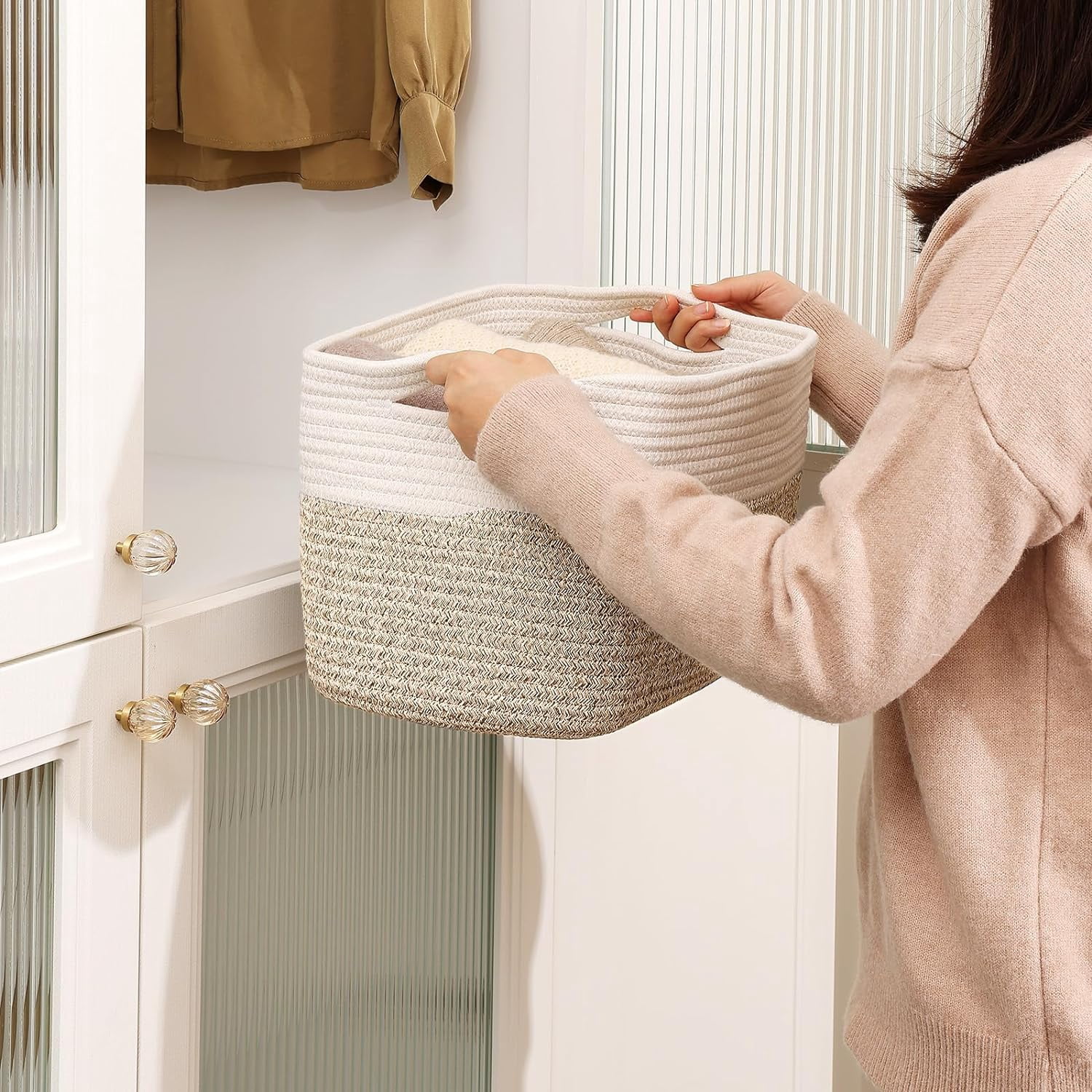 Baskets for Organizing - Cotton Rope Baskets for Shelves, 12” Decorative Woven Baskets for Storage, Organizer Bins for Living Room, Laundry, Bedroom, 4 Pack, White/Brown