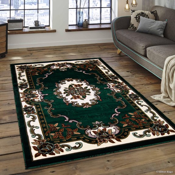 Allstar 5x7 Traditional Area Rug in Green with Ivory French Aubusson design (5' 2" x 7' 1")
