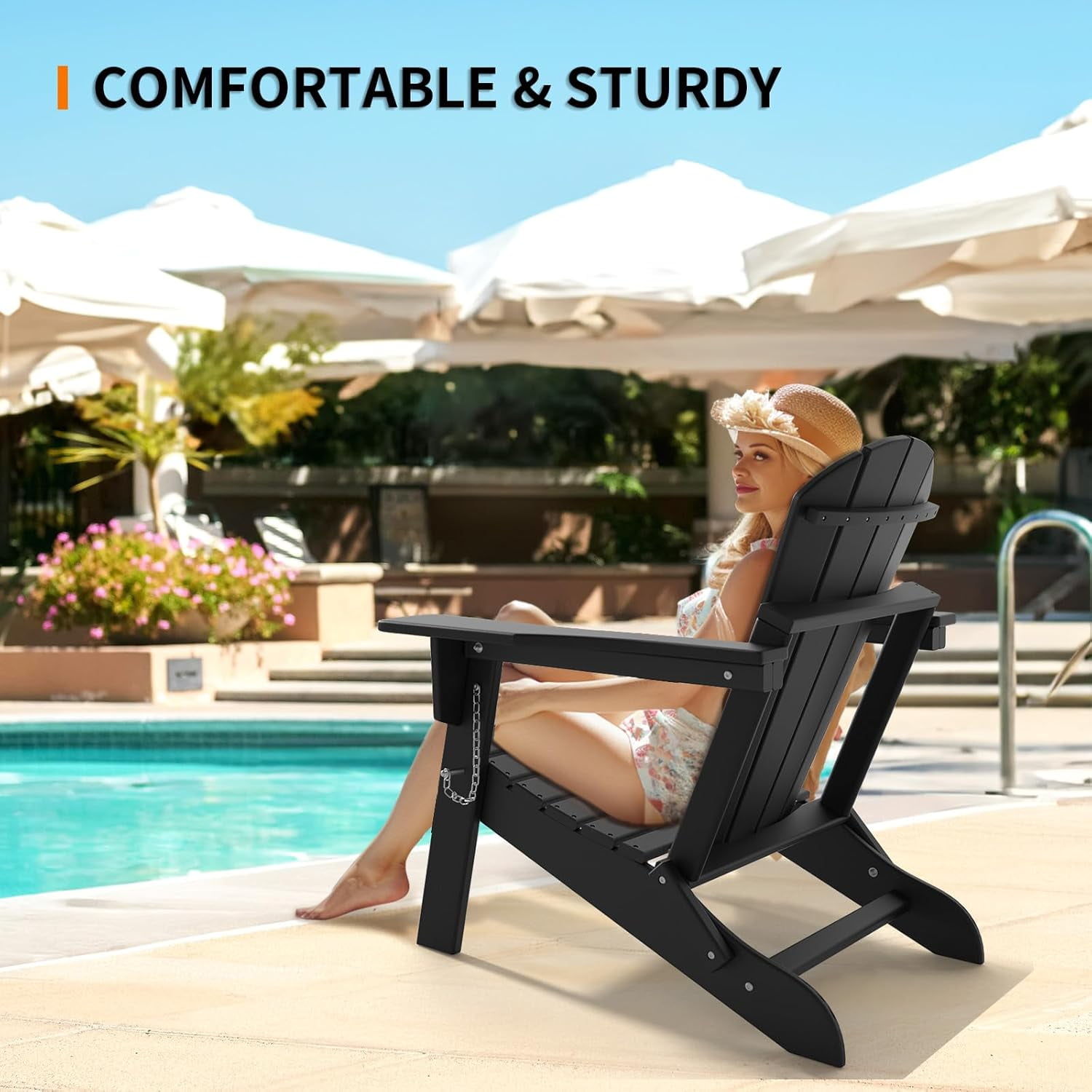 HJTER Plastic Adirondack Chairs, Folding with Cup Holder, Waterproof HDPE Material, Comfortable 380lb Weight Capacity for Outdoor Pool Patio Lounge Chair Lawn Furniture Firepit (Black)