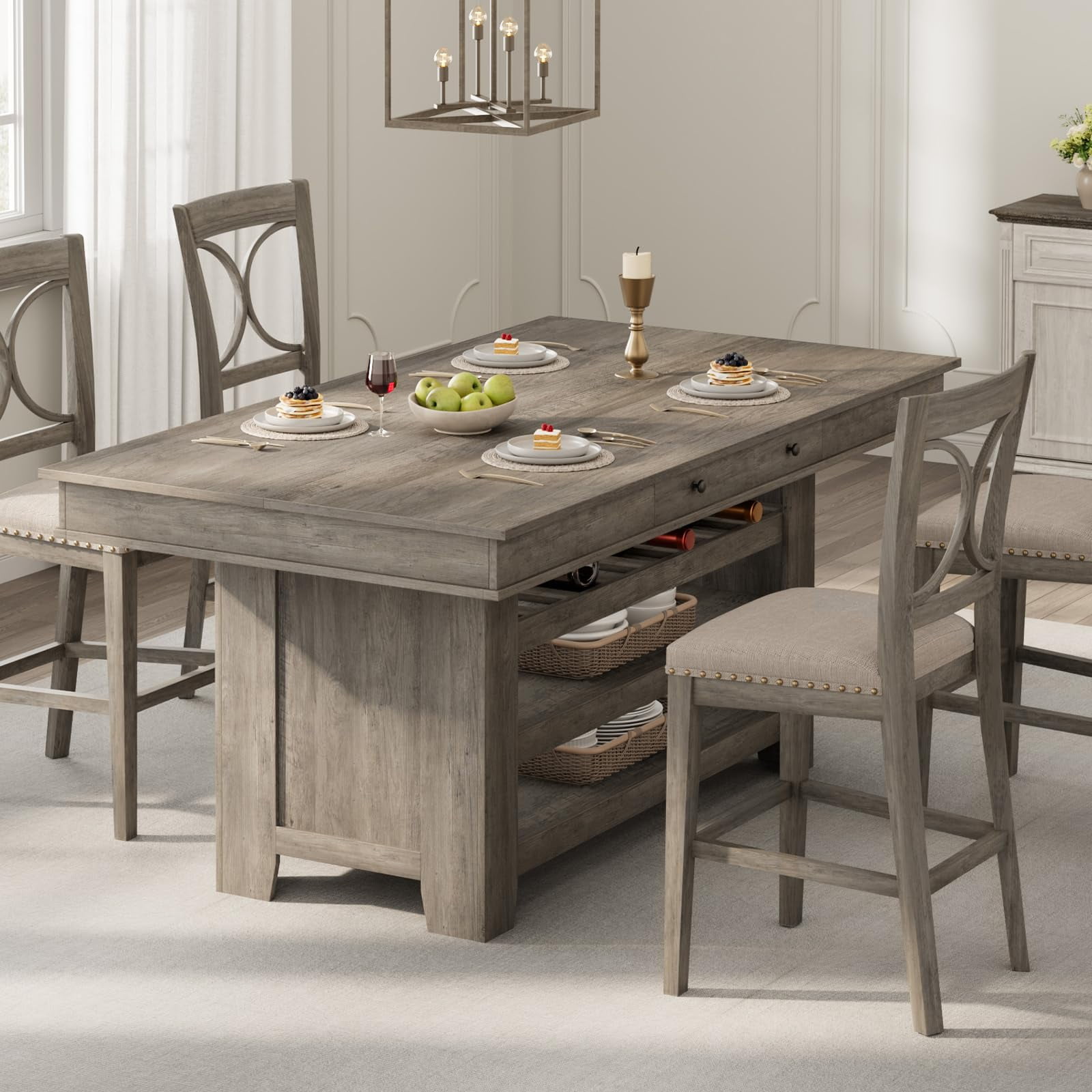 60" Counter Height Dining Table for 4, 36 in W Wood Bar Height Dining Room Table with 2 Drawer & Shelves, Deepened Wine Rack, Thick & Large Table Top for Kitchen, Bar, Rustic Gray