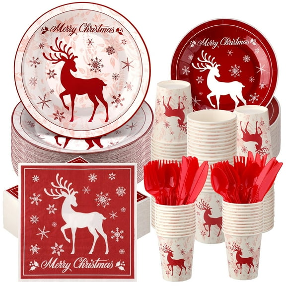 Dandat 400 Pcs Christmas Disposable Plates AFN1and Napkins Christmas Disposable Dinnerware Party Supplies Set for 50 Guests Paper Plates Bulk for Holiday Xmas(White, Red,Moose)
