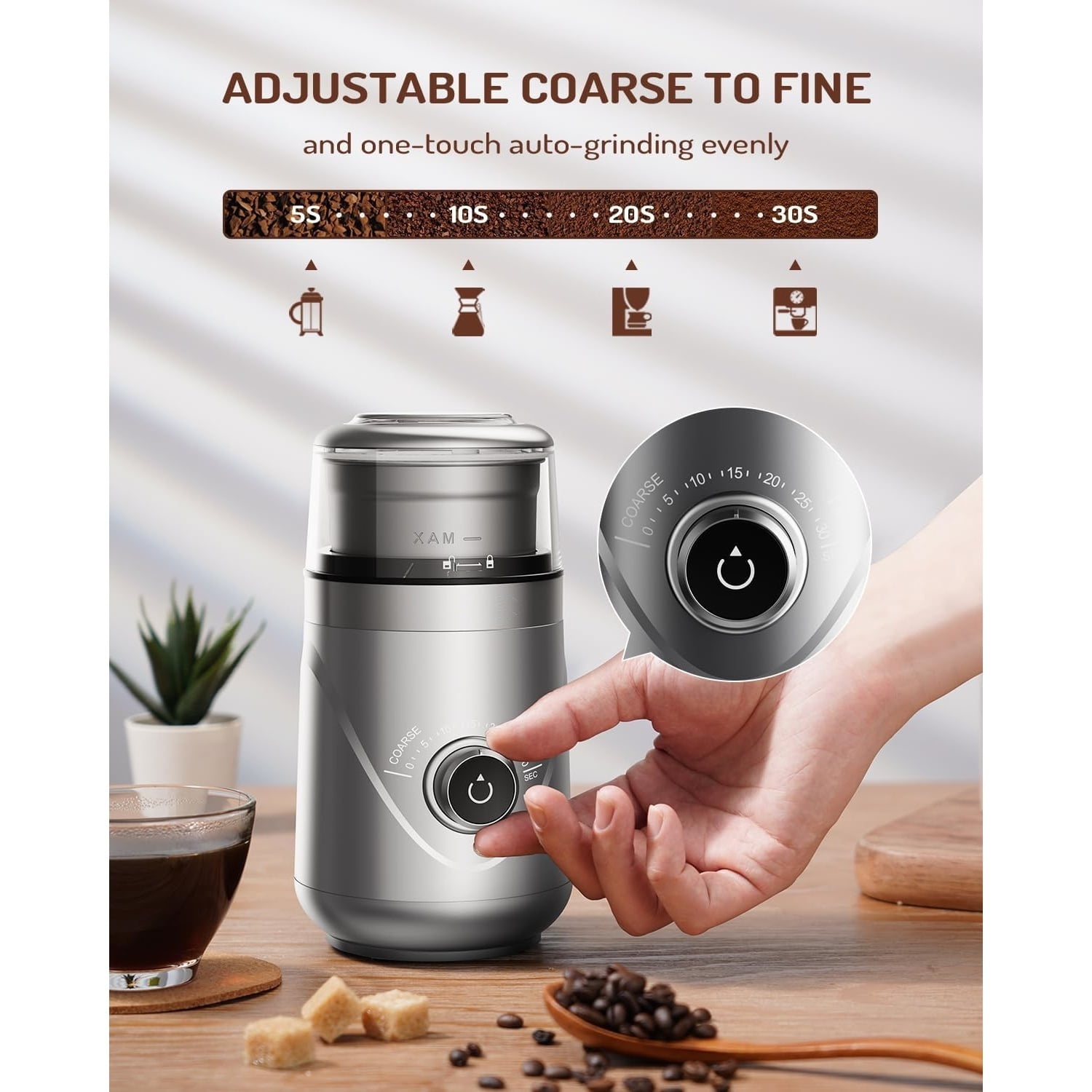 Electric Super Silent Blade Coffee Grinder, Timed Grind Control Rotary Knob, Adjustable Coarse to Fine for Coffee Beans, Spices & Herbs, with 1 Removable Stainless Steel Bowl, Sliver