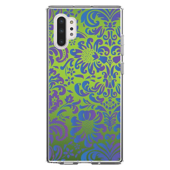 DistinctInk Clear Shockproof Hybrid Case for Galaxy Note 10 PLUS (6.8" Screen) - TPU Bumper, Acrylic Back, Tempered Glass Screen Protector - Green Purple Blue Floral Pattern