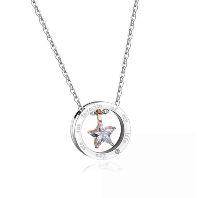 Couple Necklace with Pentagram Pendant and Zodiac Design, Silver/Rose Gold with Zirconia Inlay