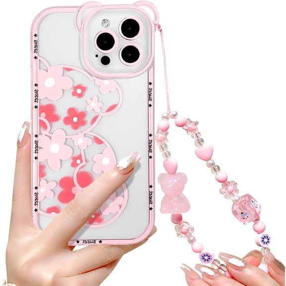 Compatible for iPhone 15 Pro Max Case Cute Bear Clear Floral Flower for Girls Women with Chain Lanyard Wrist Strap Soft TPU Shockproof Protective Girly-Pink Flower Bear