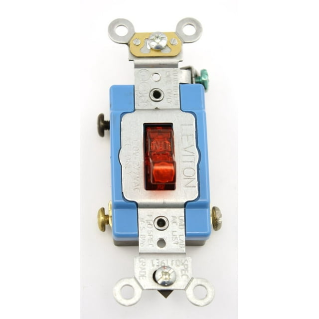 Leviton 1201-Plr Luz piloto de palanca de 15 amperios y 120 voltios iluminada a pedido. Interruptor silencioso de CA unipolar neutro, conexión a tierra automática de grado industrial, rojo