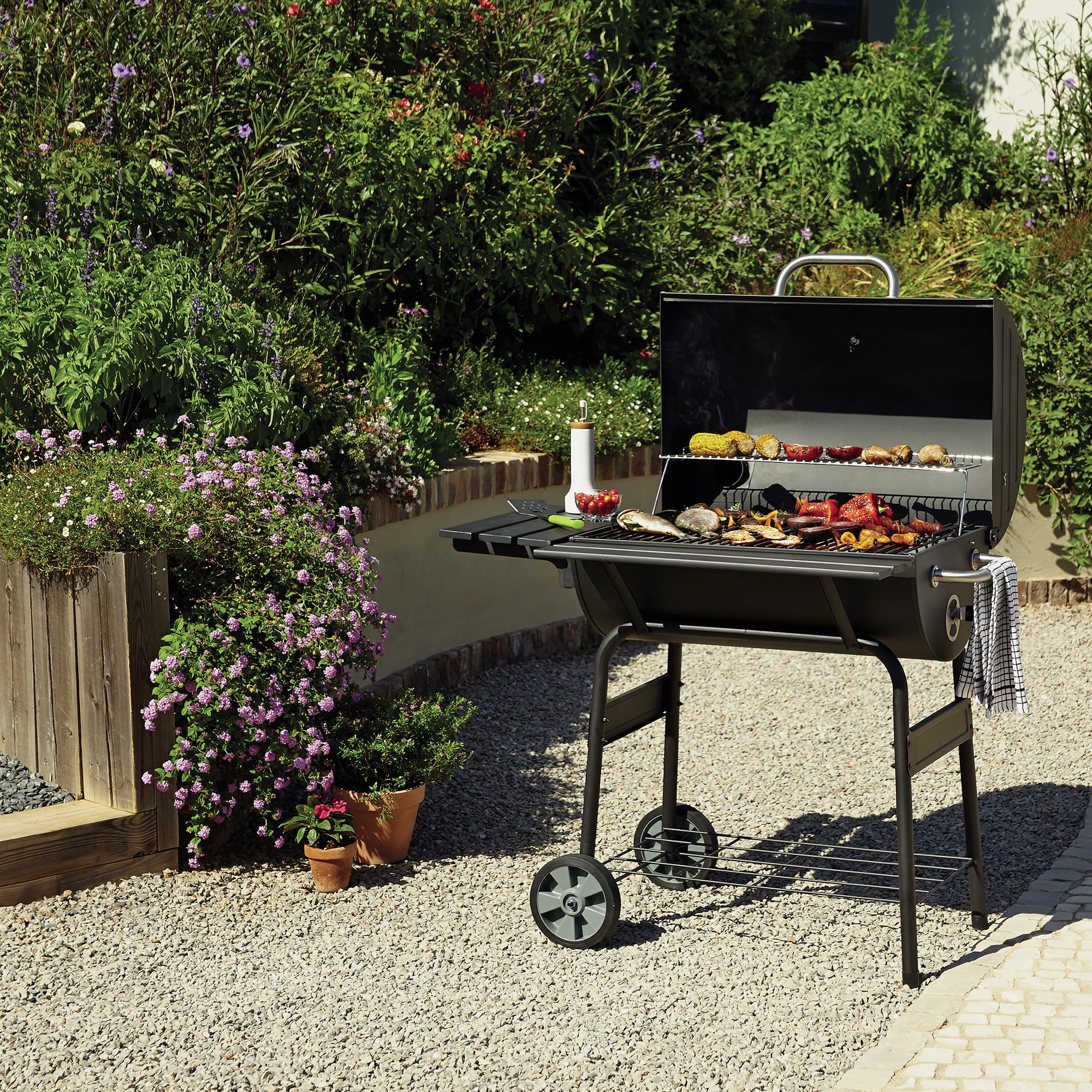 Silver Portable Barrel BBQ Barbecue Steel Table Top Outdoor Garden Camping Picni 
