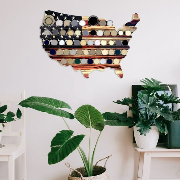Challenge Coin Display Wall Mount Military Coin Display Holder with American Flag, Challenge Coin Holder Display, Wooden Coins Collection Stand for Police, Veteran, Patriotic Decor, 14.17*8.27in