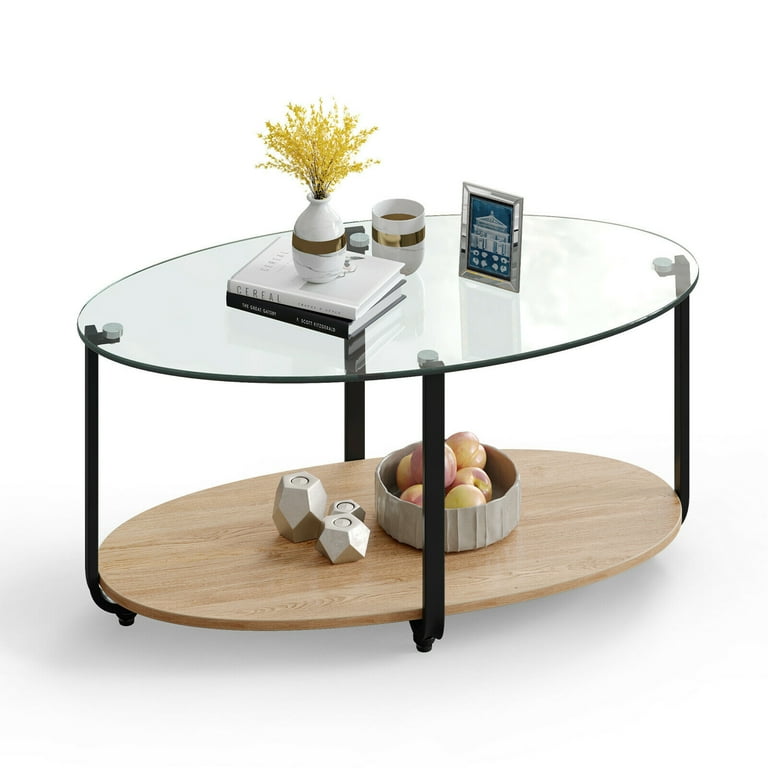 Gymax Glass Top Table 2 Tier Modern Oval Side Sofa Table w