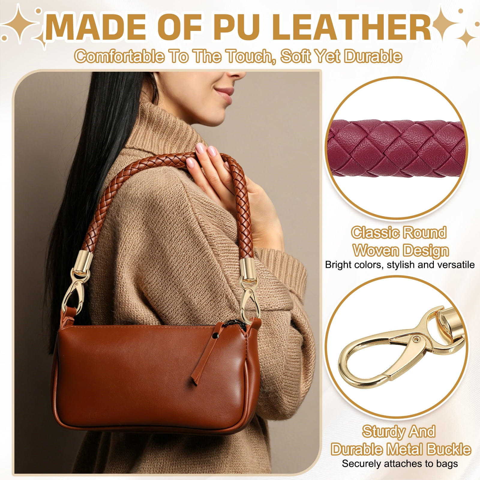 Uxcell 2 Pcs Braided Purse Strap, 65cm 25.6" PU Leather Shoulder Purse Strap for Handbag Bag Handle Replacement for DIY Making Handbag Underarm Bag, Burgundy (Light Gold Buckle)