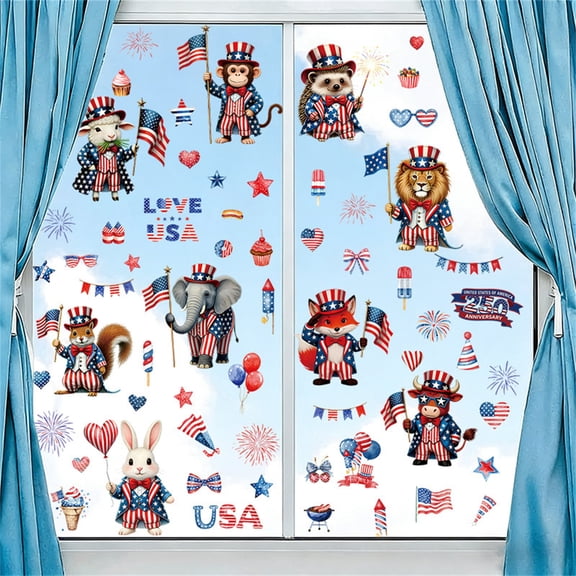 9PCS USA Independence Day Window Stickers PVC Static Cling Window Decals for Glass Door Store Display, America 250 Merchandise Patriotic Window Decorations