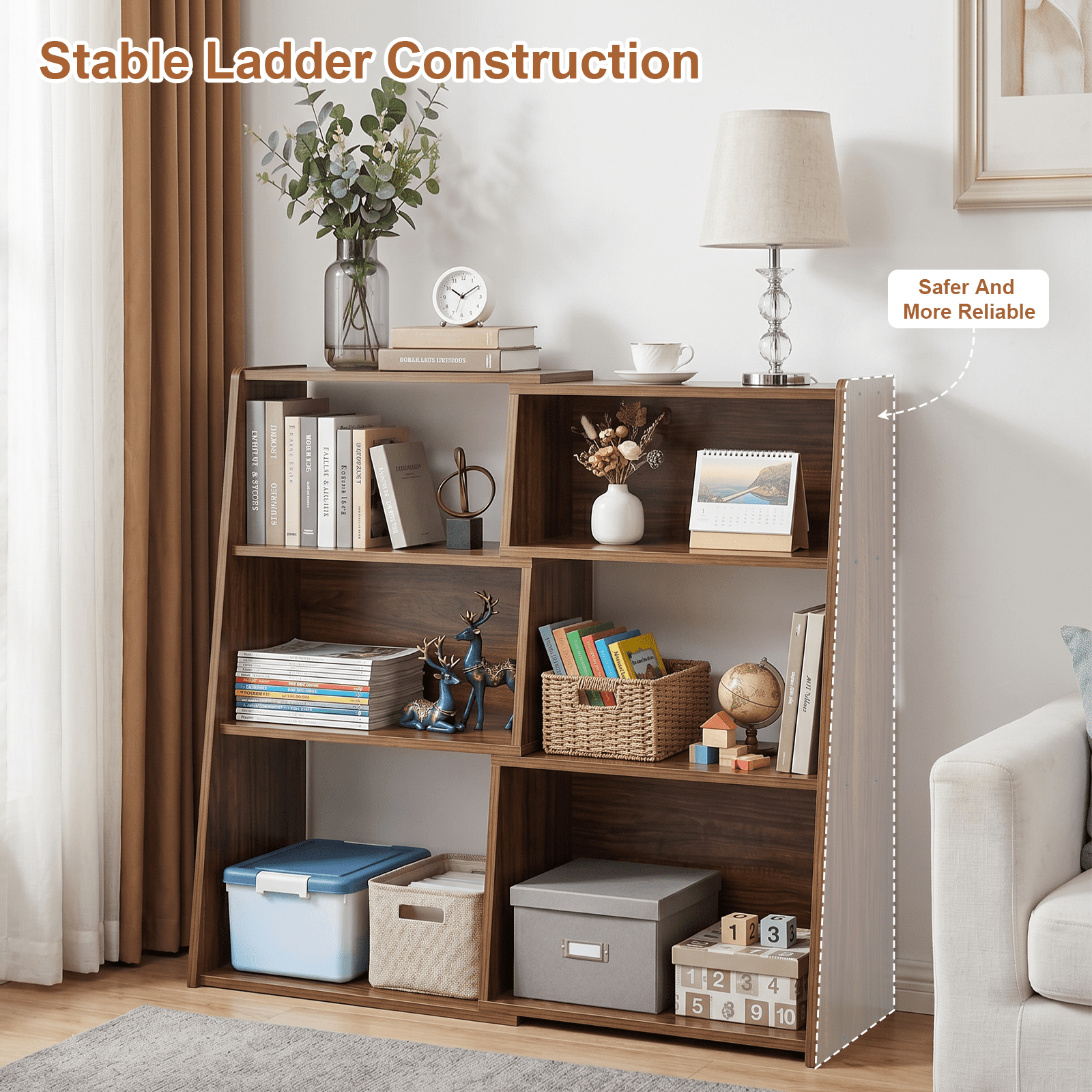 Wooden Extendable Bookshelf, 3-in-1 Convertible Bookcase for Small Space, 3-Tier Ladder Book Shelf for Living Room, Study, Bedroom, Walnut
