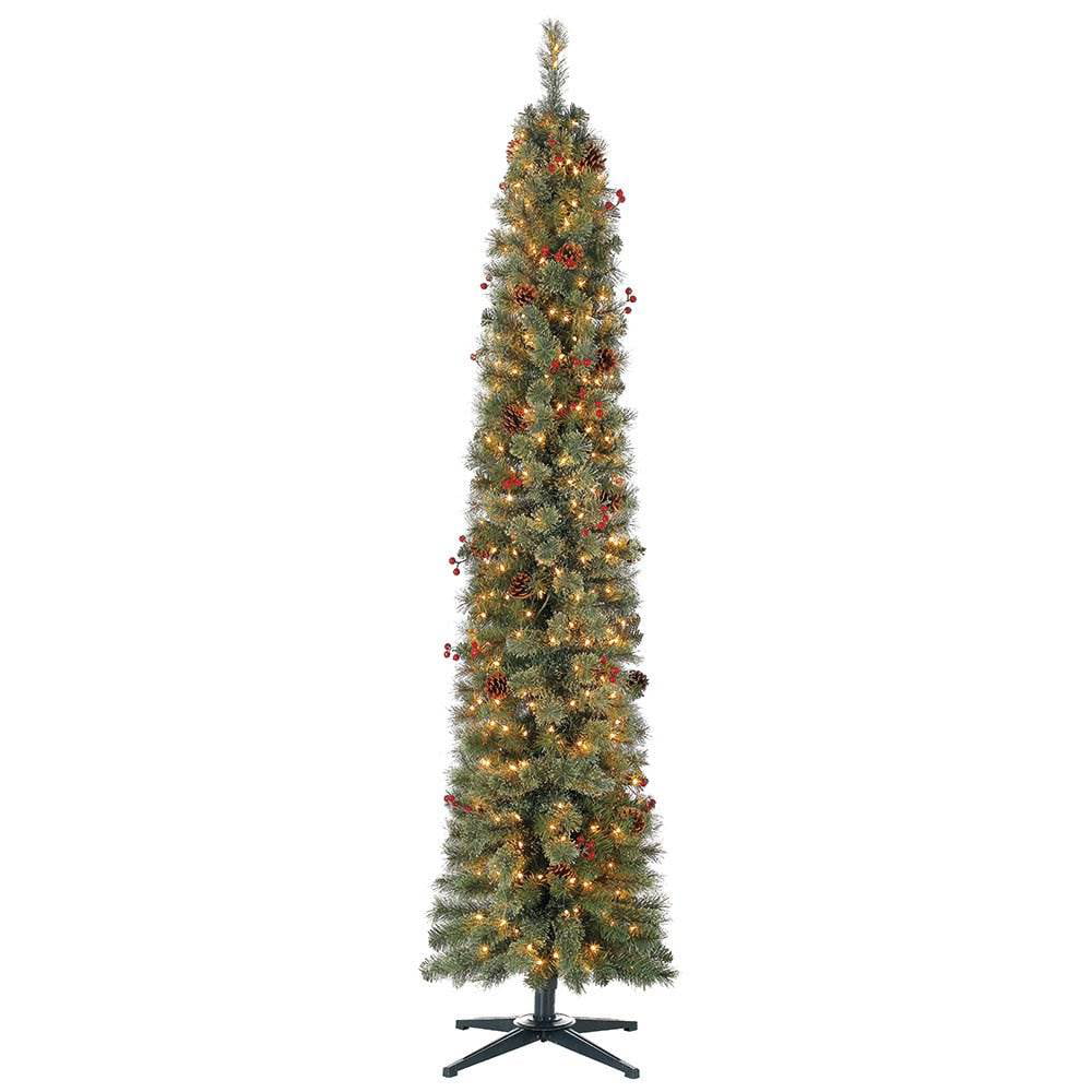 SHATCHI 4Ft-8Ft Pre-Lit Artificial Slim Christmas Pencil Tree Holiday Home Decorations Warm White/Multicolour LEDs and Metal Stand Green W/Mullticolour 6Ft Pointed Tips 