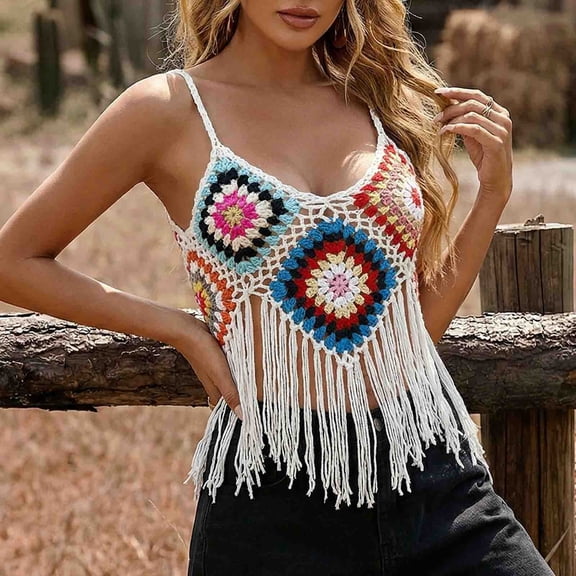 Haivin Women's Crochet Color Block Tank Top with Fringe, Casual Sleeveless Blouse for Summer, Beach and Daily Wear