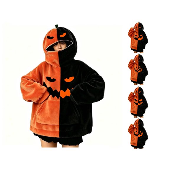 Women Halloween Hoodies Oversized Flannel Pumpkin Long Sleeve Sweatshirts with Pockets Devil Expression Printing Funny Halloween Costumes