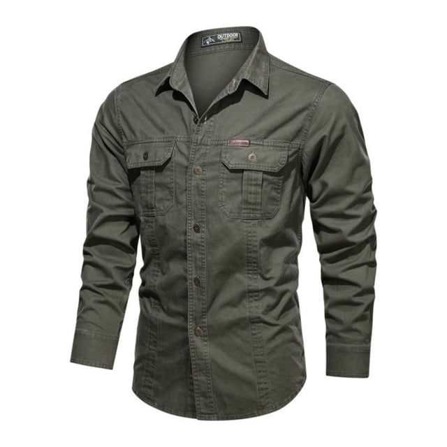 Camisa casual con cuello vuelto, de algodón, manga larga, para hombre
