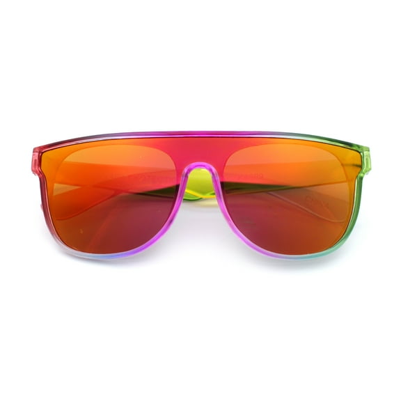 Kids Size Tie Dye Color Flat Top Shield Horn Rim Plastic Sunglasses Fuchsia Green - Fuchia Mirror