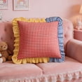 thumbnail image 4 of Linnome Plaid Ruffled Throw Pillow Three Color Patchwork Heart Decorative Cushion for Sofa Bedroom 17.72x17.72in, 4 of 8