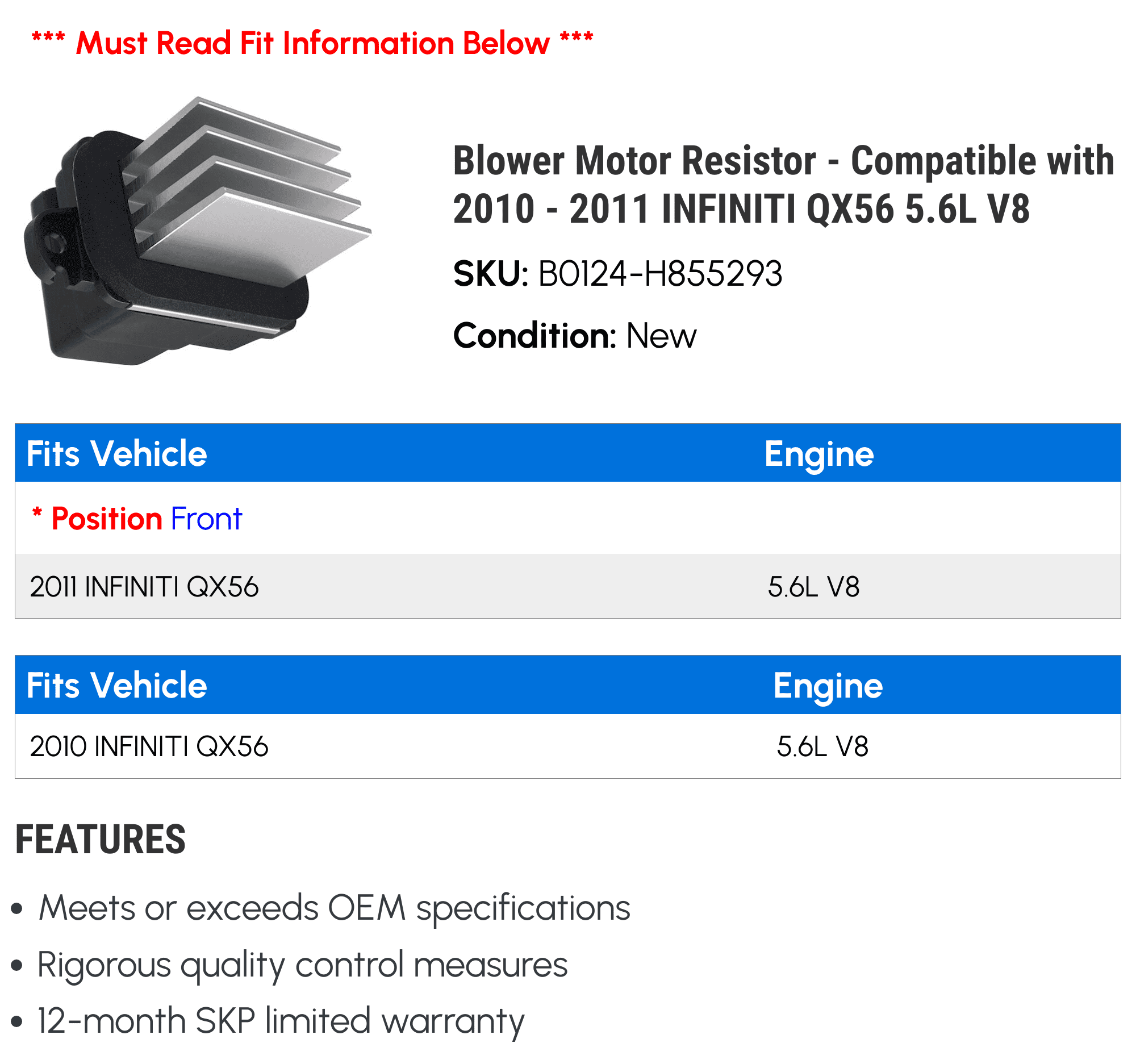 Blower Motor Resistor - Compatible with 2010 - 2011 INFINITI QX56 5.6L V8