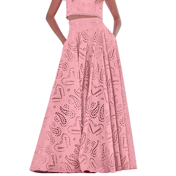 Maxi Skirts for Women Summer Fall High Waist Drawstring Long Skirt Ruffle Layered Medieval Skirts with Pockets Pink XL