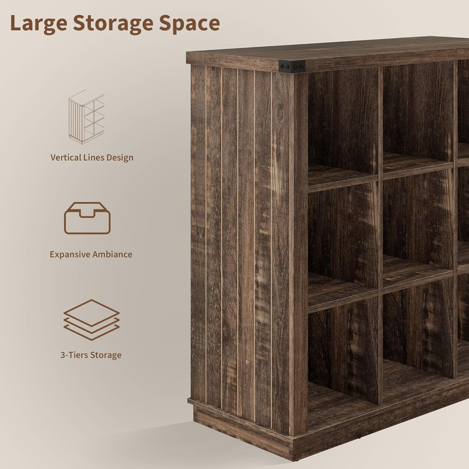 Farmhouse Wood Book Shelf, 9-Cube Storage Organizer Bookshelf, 3-Tier Minimalist Floor Standing Display Cabinet for Living Room, Bedroom, or Home Office, Grey