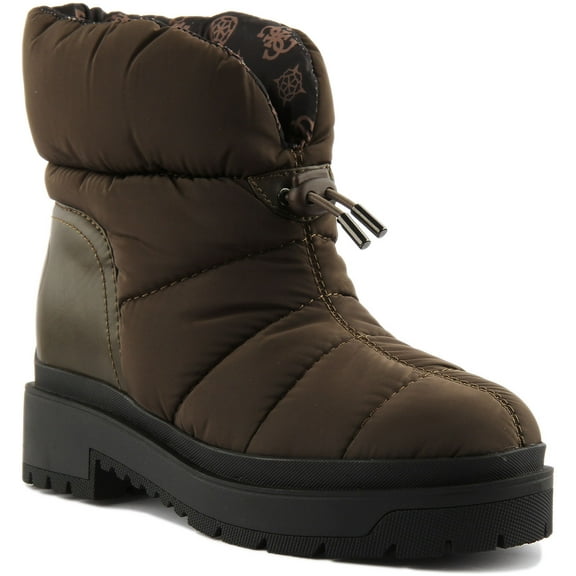 Guess Leeda Women's Padded Synthetic Drawstring Ankle Boot In Olive Size 5.5